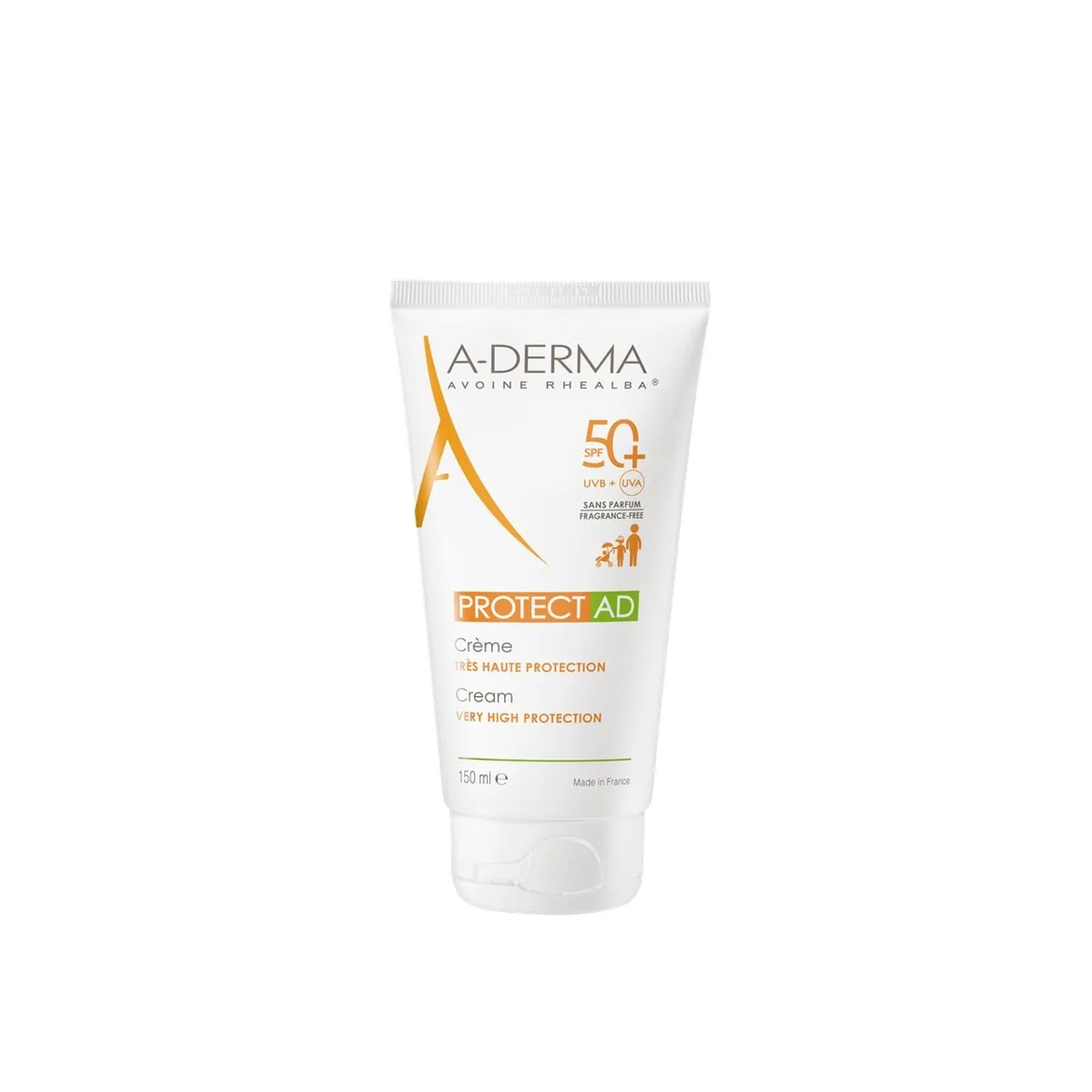 A-Derma Protect AD Cream SPF 50+ in a white soft squeeze tube, fragrance-free sunscreen designed for atopic-prone skin