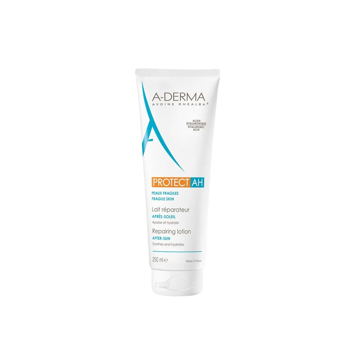 A-Derma Protect AH After-Sun Repairing Lotion in a 250ml white bottle, fragrance-free after-sun for atopic and sensitive skin