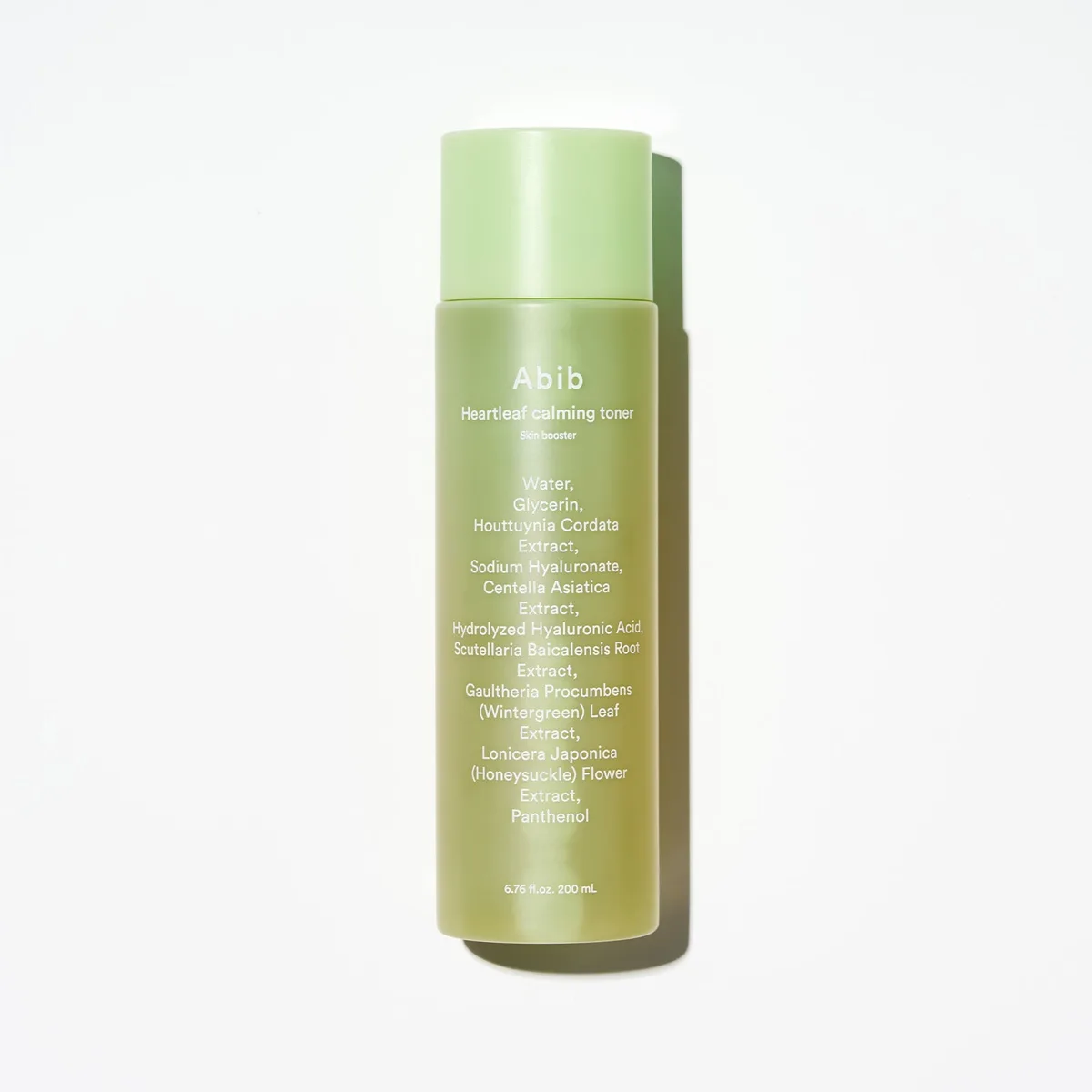 Abib Heartleaf Calming Toner Skin Booster in a 200ml clear plastic bottle, K-beauty essence-toner with 80% Houttuynia cordata extract