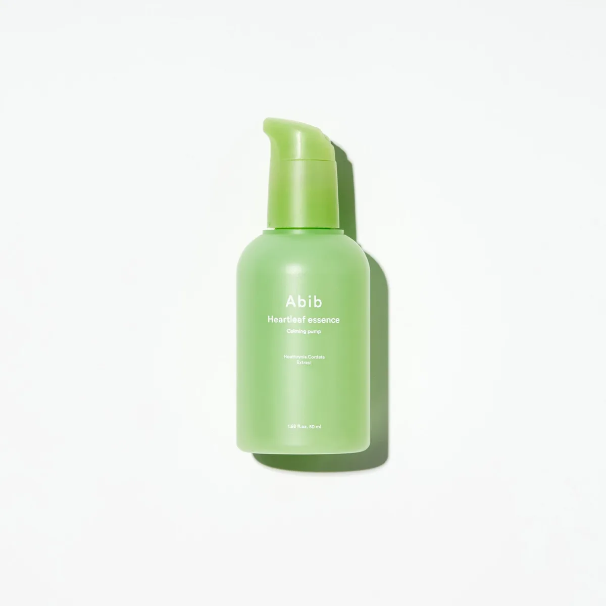 Abib Heartleaf Essence Calming Pump in a 75ml frosted pump bottle, K-beauty calming essence with 78% Houttuynia cordata extract
