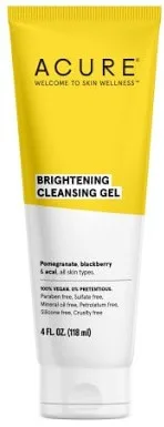 Acure Brightening Cleansing Gel in a clear plastic bottle with purple label