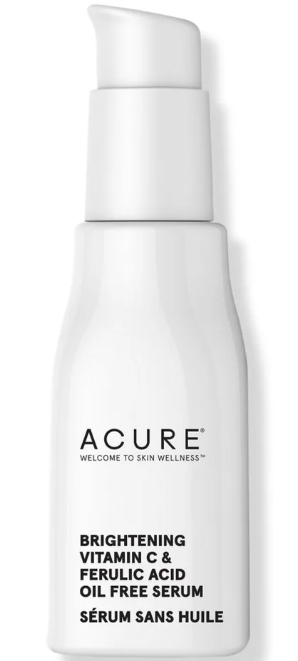 Acure Brightening Vitamin C and Ferulic Acid Serum in a frosted glass bottle with dropper