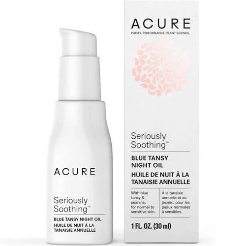 Acure Seriously Soothing Blue Tansy Night Oil in a frosted blue glass bottle with dropper