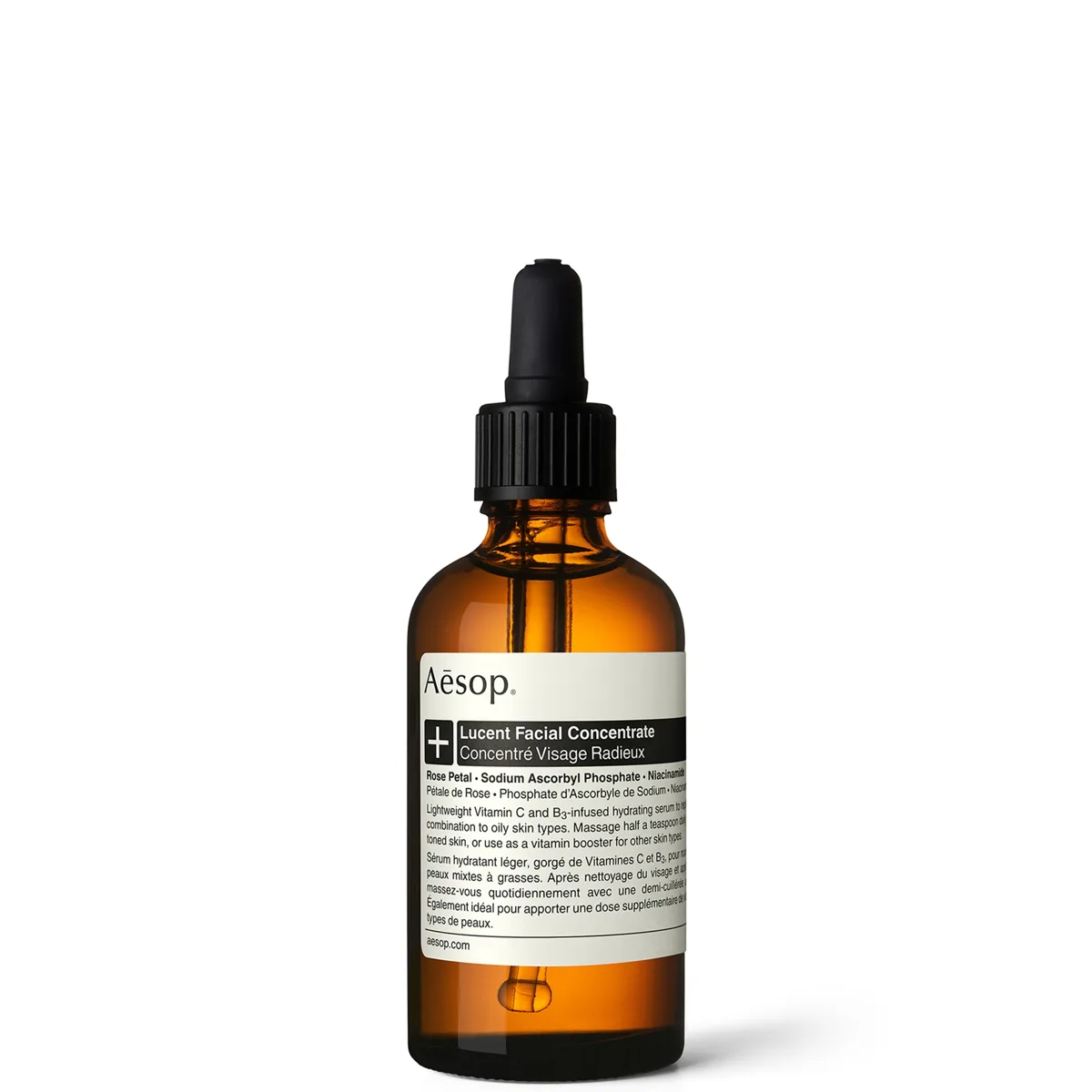 Aesop Lucent Facial Concentrate amber glass bottle with dropper, 60 ml vitamin C and niacinamide serum