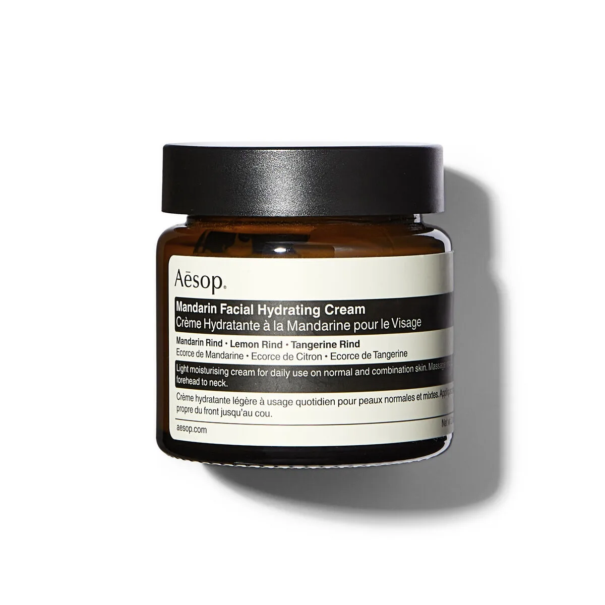 Aesop Mandarin Facial Hydrating Cream amber glass jar with screw lid, 60 ml lightweight day moisturizer