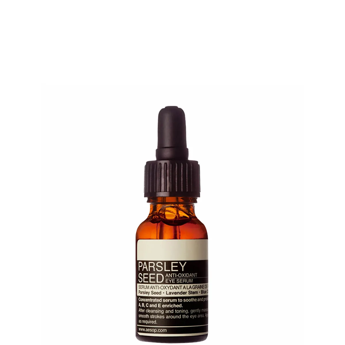 Aesop Parsley Seed Anti-Oxidant Eye Serum amber glass dropper bottle, 15 ml lightweight vitamin C eye treatment