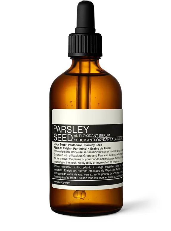 Aesop Parsley Seed Anti-Oxidant Serum amber glass bottle, 100 ml lightweight botanical antioxidant serum