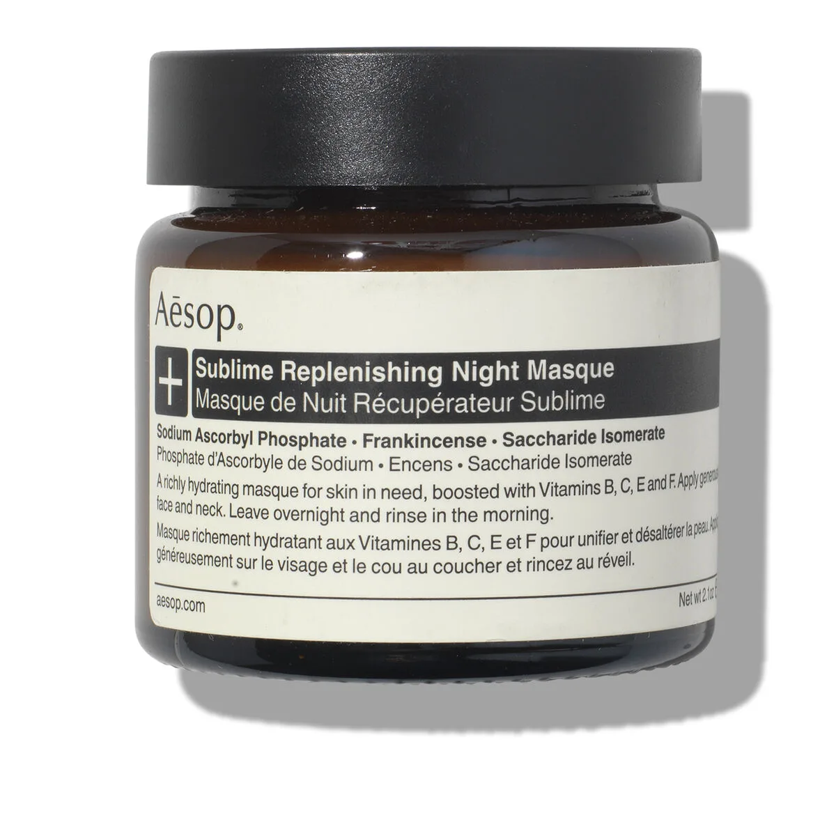 Aesop Sublime Replenishing Night Masque amber glass jar, 60 ml gel-cream overnight mask with vitamin C and niacinamide