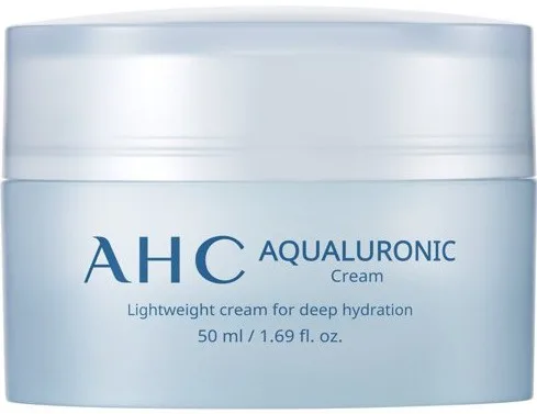 AHC Aqualuronic Cream in a frosted blue glass jar