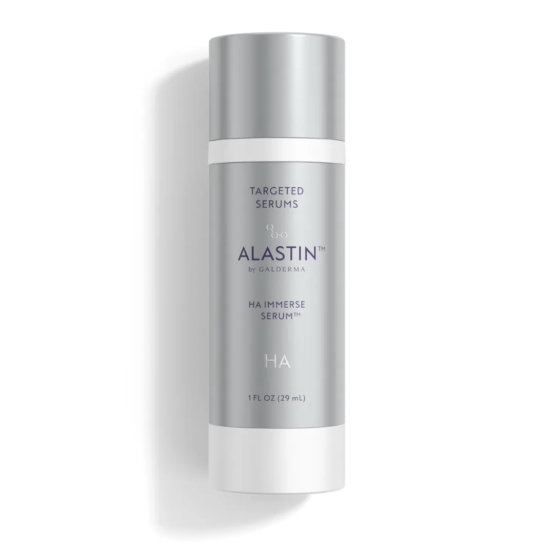 Alastin HA Immerse Serum pump bottle with blue and white clinical packaging