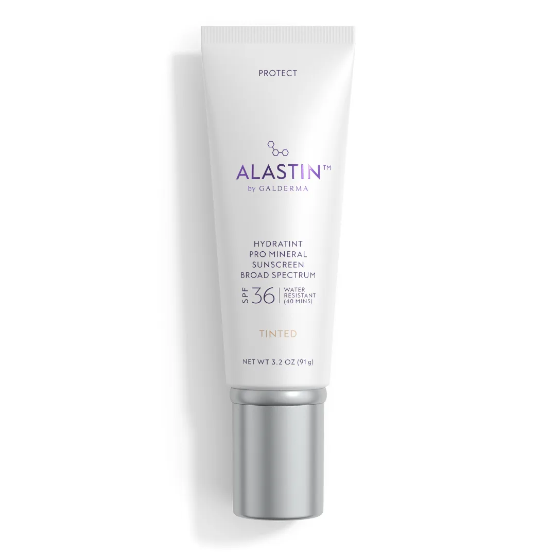 Alastin HydraTint Pro Mineral Broad Spectrum Sunscreen SPF 36 in a white squeeze tube with professional clinical branding