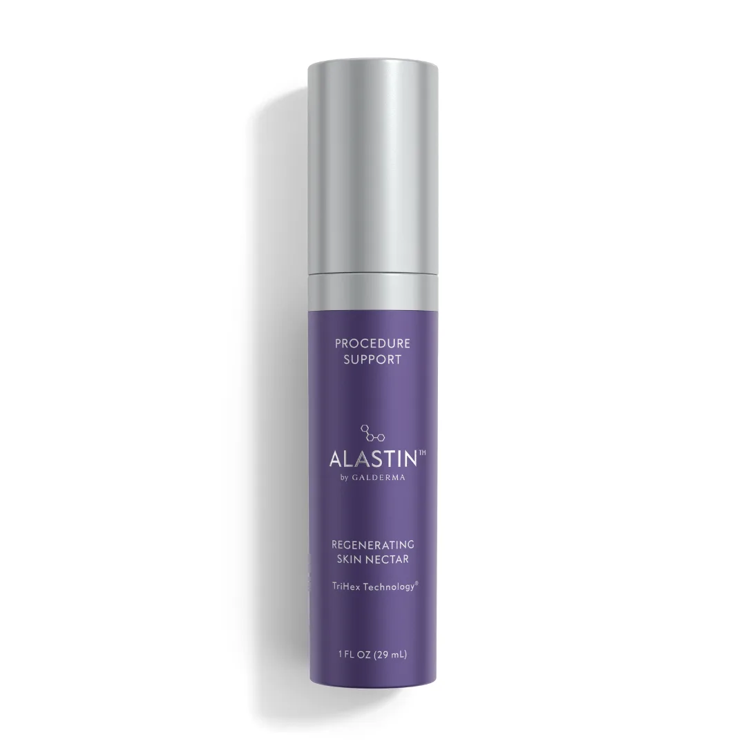 Alastin Regenerating Skin Nectar bottle with pump dispenser and blue clinical packaging