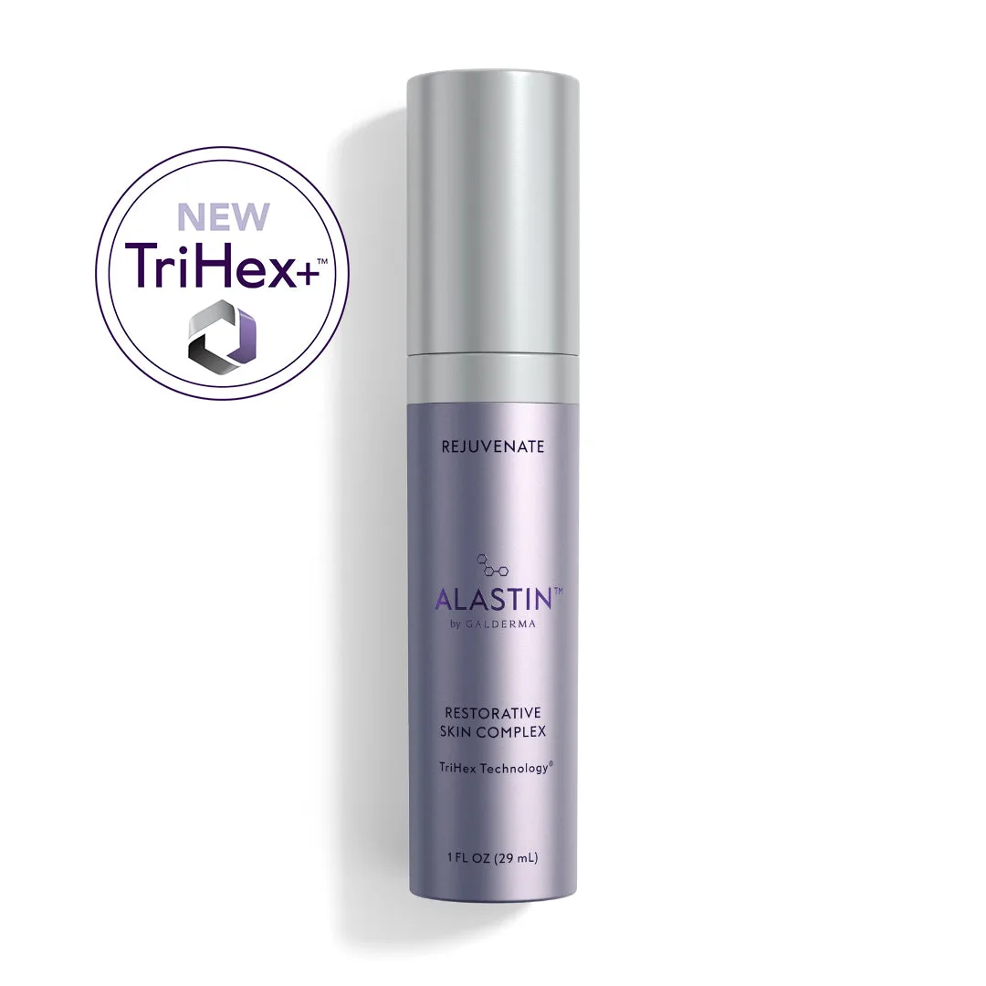 Alastin Restorative Skin Complex pump bottle with blue and white clinical packaging