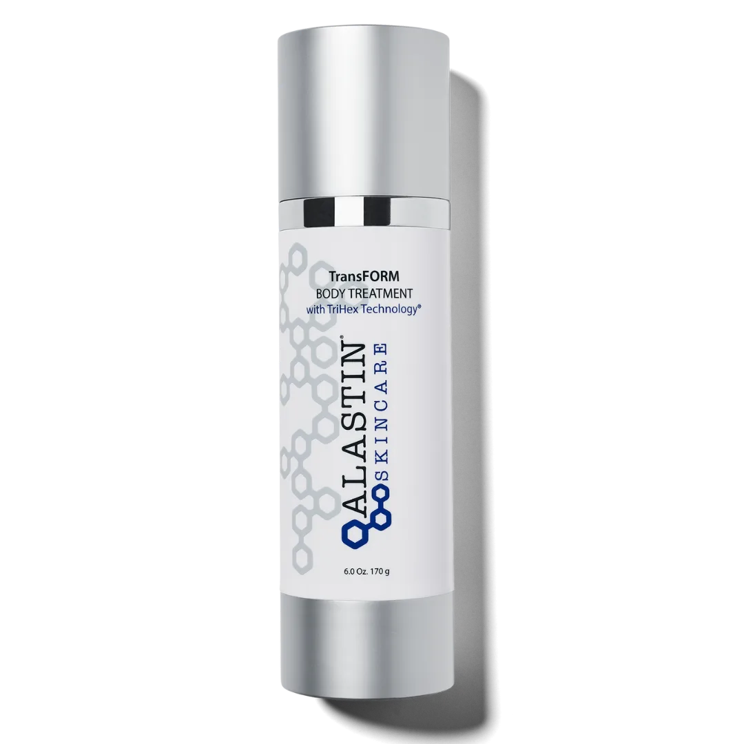 Alastin TransFORM Body Treatment airless pump bottle with blue and white clinical packaging