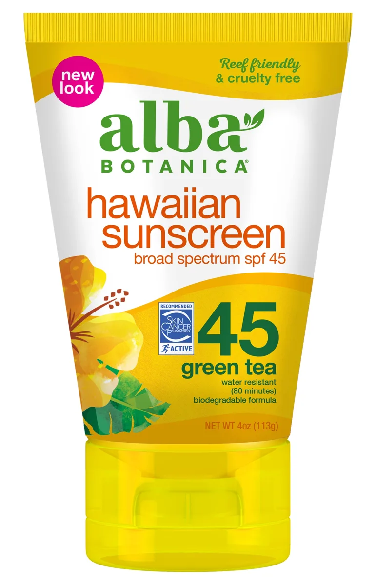 Alba Botanica Hawaiian Sunscreen SPF 45 bottle with tropical coconut scent chemical sunscreen