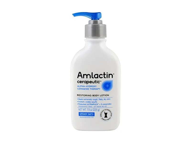 Amlactin Cerapeutic Restoring Body Lotion pump bottle with blue and white labeling