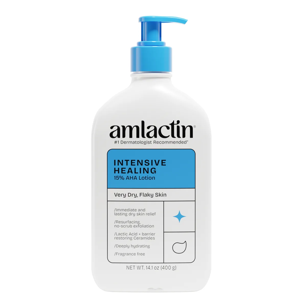 Amlactin Rapid Relief Restoring Lotion with Ceramides pump bottle with purple and white labeling