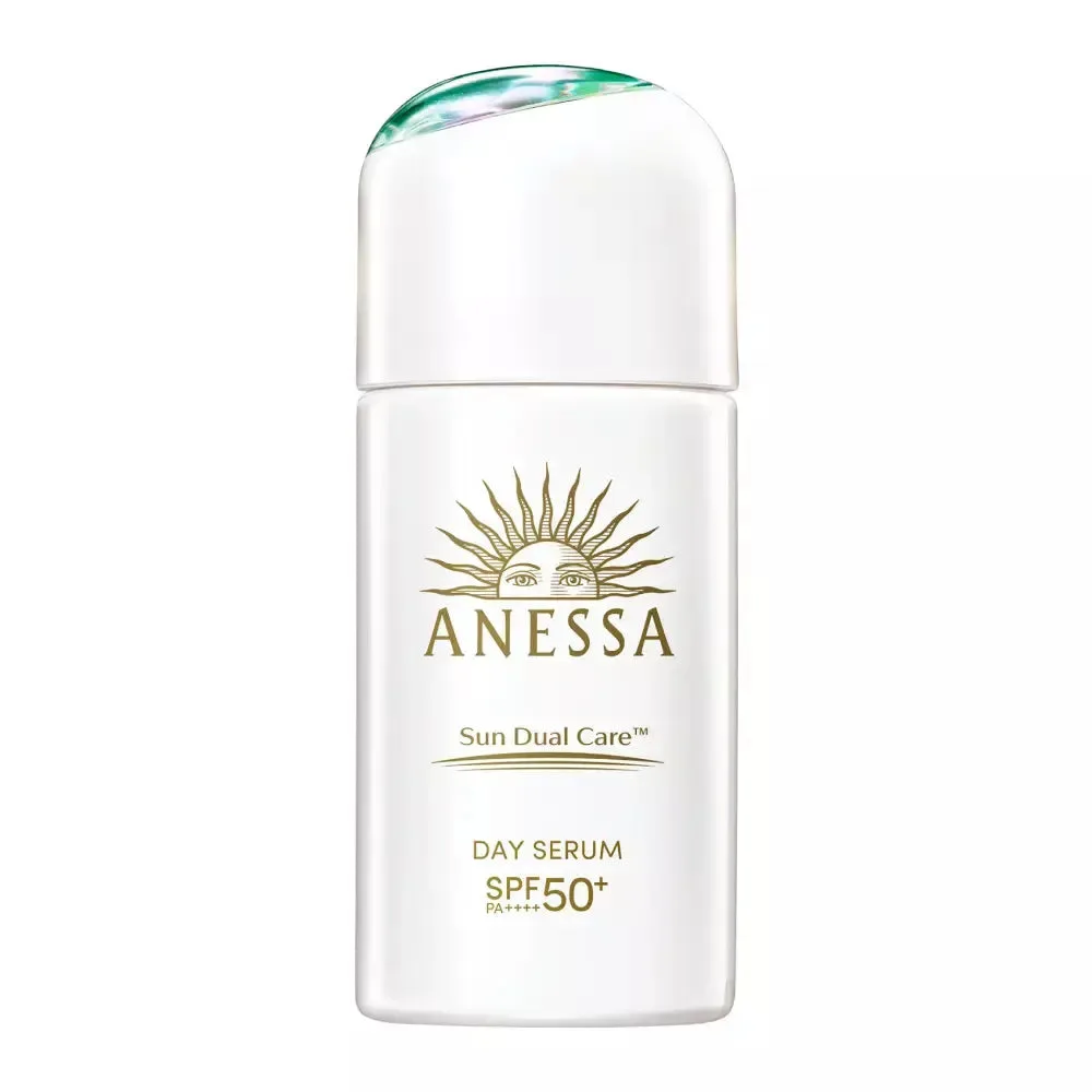 Anessa Day Serum Sunscreen SPF 50+ in a compact gold and white bottle with Japanese design