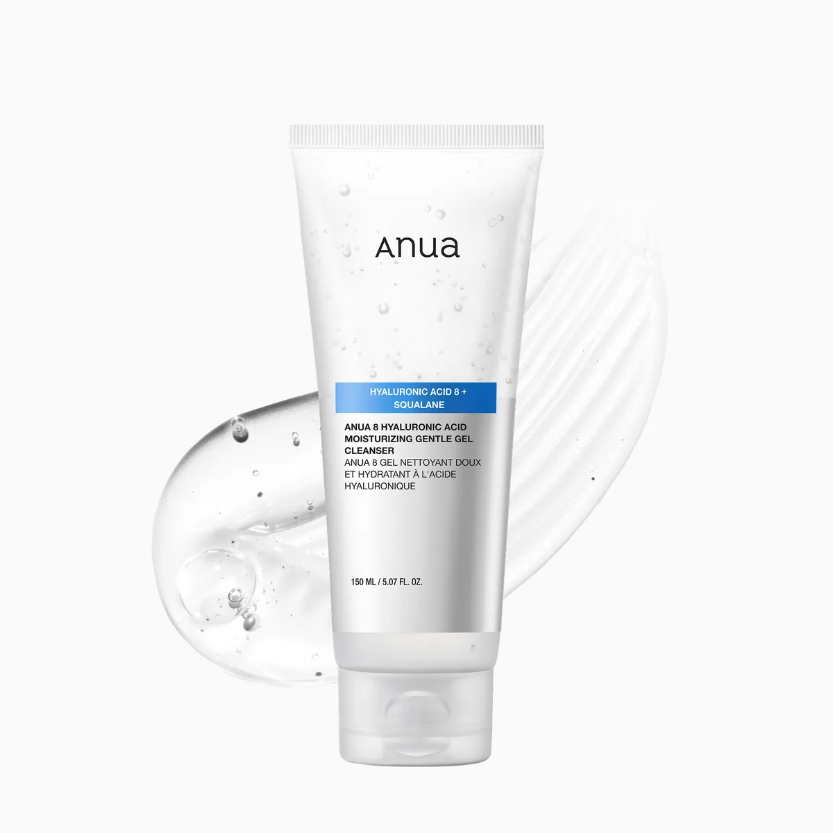 Anua 8 Hyaluronic Acid Moisturizing Gentle Gel Cleanser 150ml tube with minimalist white packaging