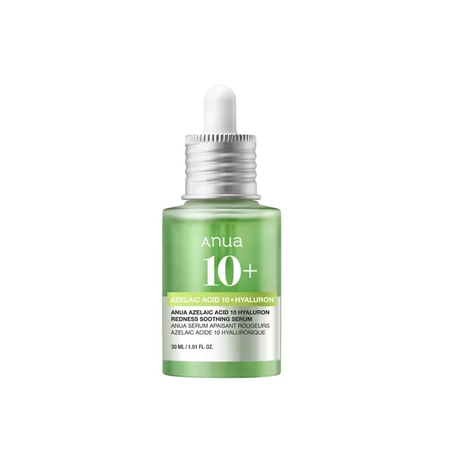Anua Azelaic Acid 10 Hyaluron Redness Soothing Serum in a glass dropper bottle with pale green serum