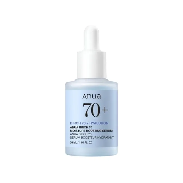 Anua Birch 70% Moisture Boosting Serum in a glass dropper bottle