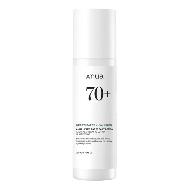 Anua Heartleaf 70% Daily Relief Lotion in a white pump bottle with minimalist Korean design