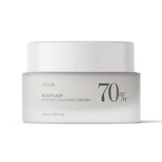 Anua Heartleaf 70% Intense Calming Cream in a small white jar with minimalist Korean design
