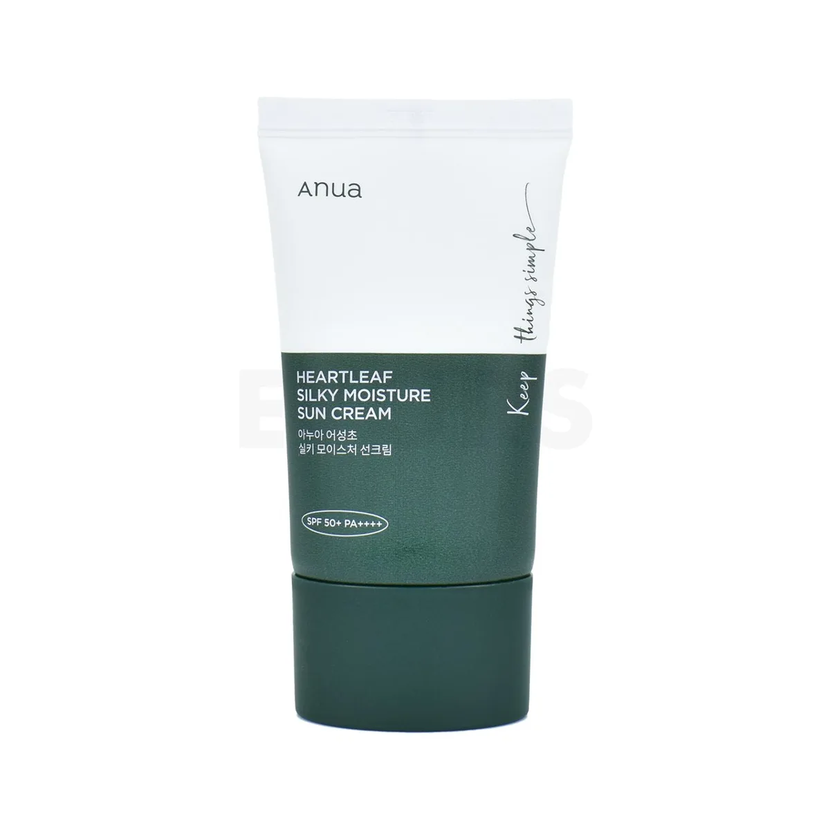 Anua Heartleaf Silky Moisture Mild Sunscreen SPF 50+ in a white squeeze tube with sage green branding