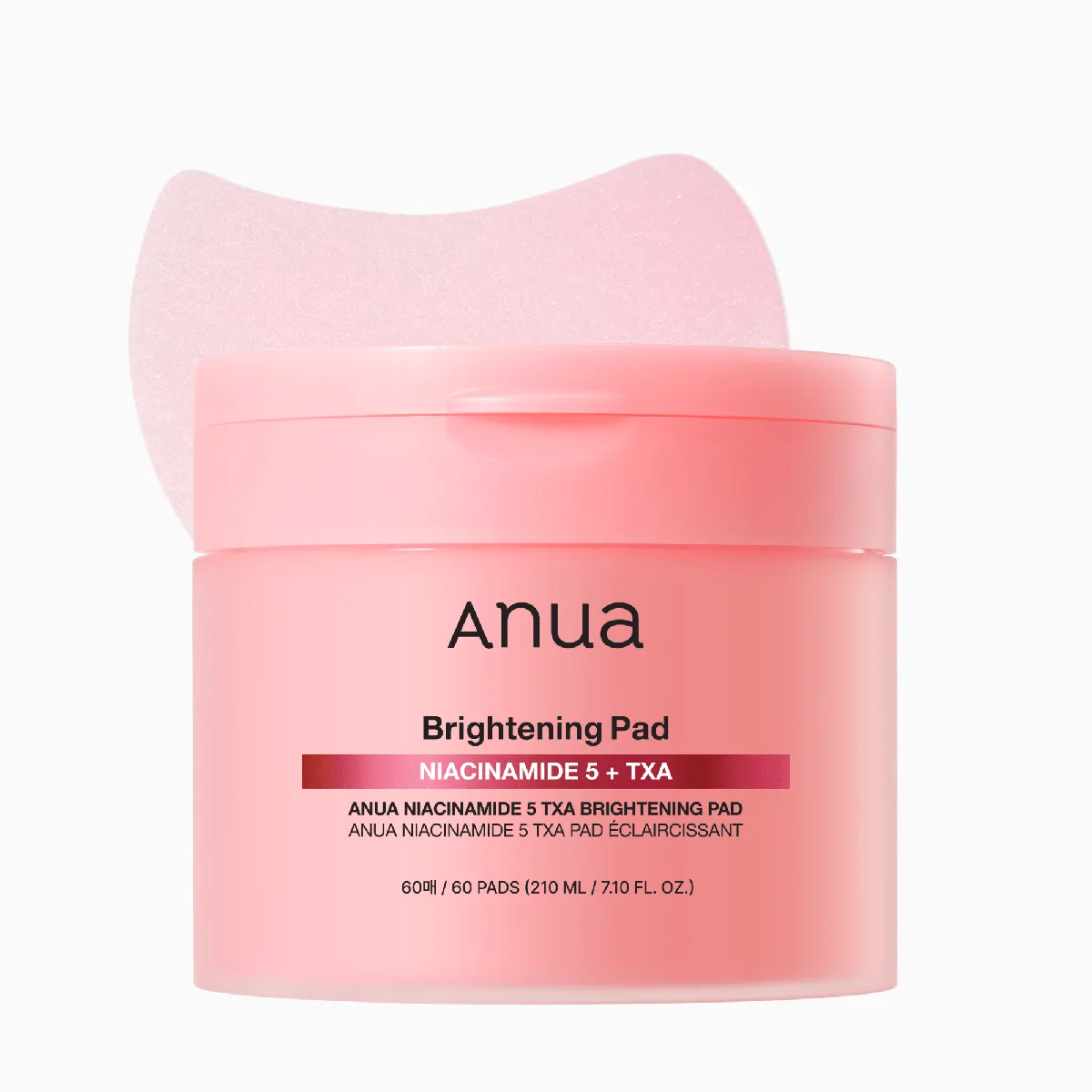 Anua Niacinamide 5 TXA Brightening Pad jar with 60 crescent-shaped pads in pink-coral packaging