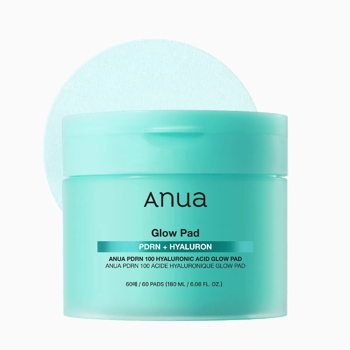 Anua PDRN 100 Hyaluronic Acid Glow Pad jar with 60 dual-sided toner pads