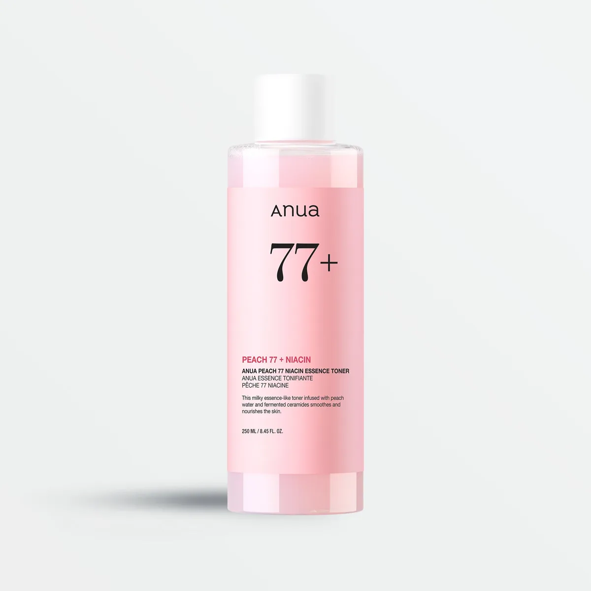 Anua Peach 77 Niacin Essence Toner 250ml bottle with peach-toned branding