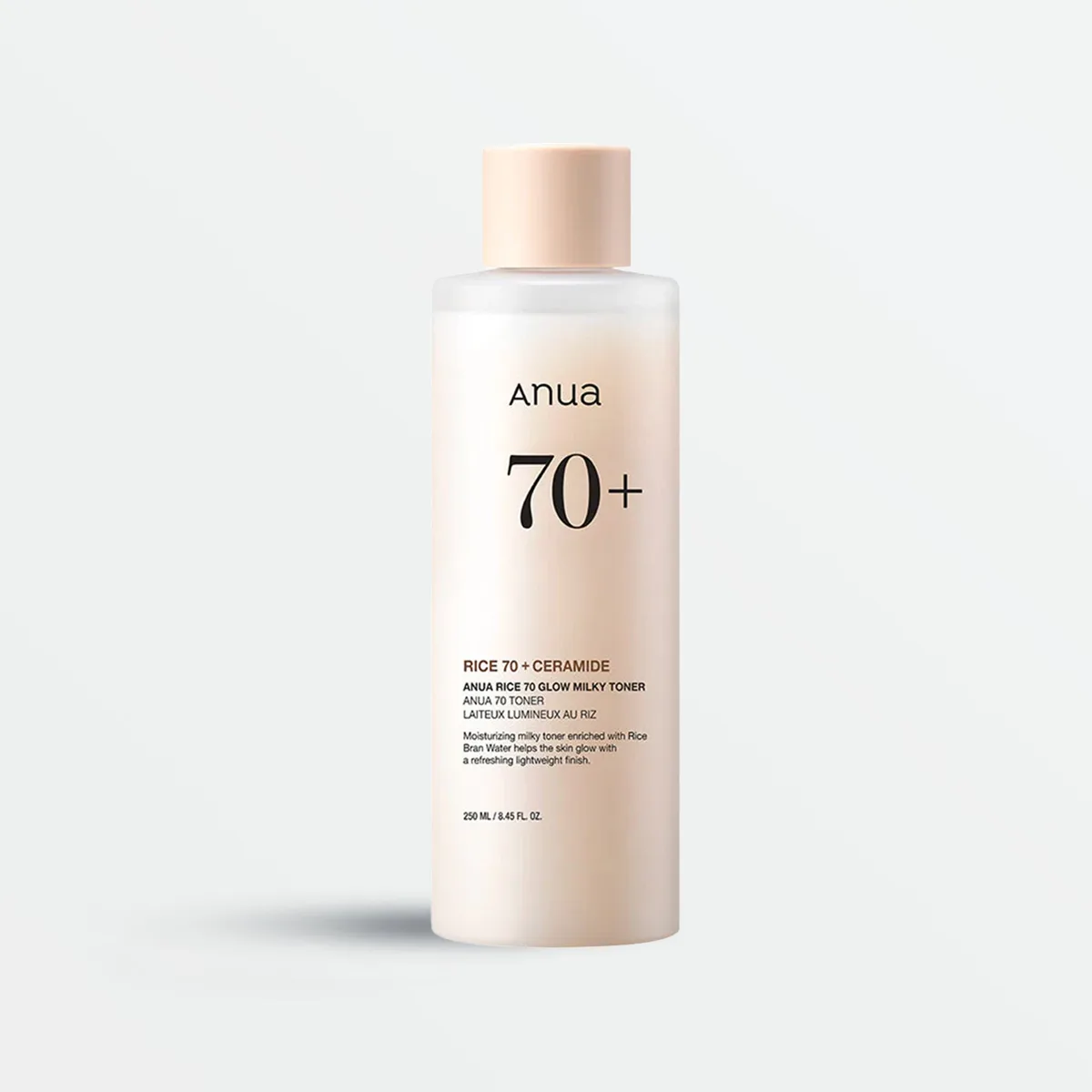 Anua Rice 70 Glow Milky Toner 250ml bottle with warm-toned rice line branding