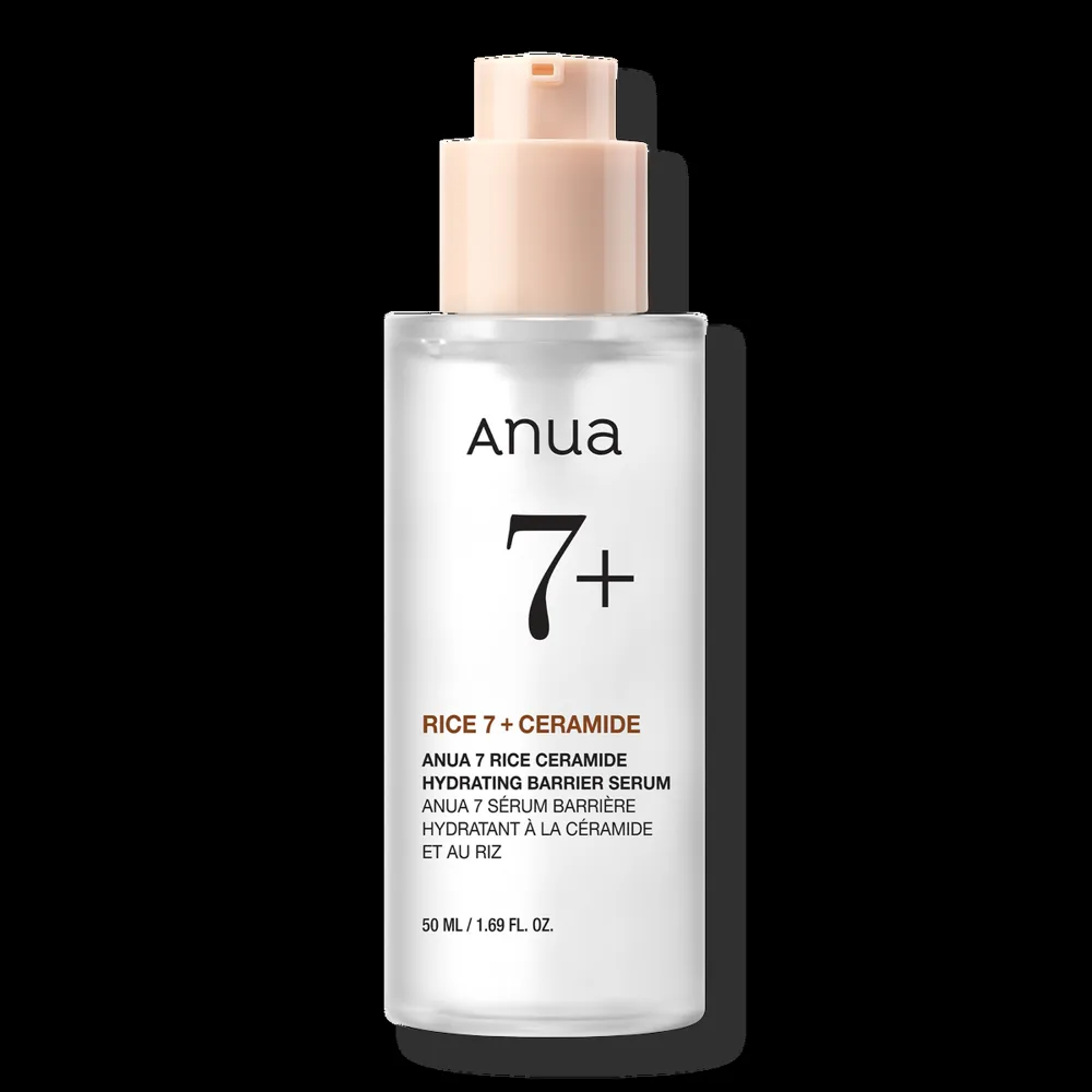Anua Rice Ceramide 7 Hydrating Barrier Serum in a frosted glass bottle with pump dispenser
