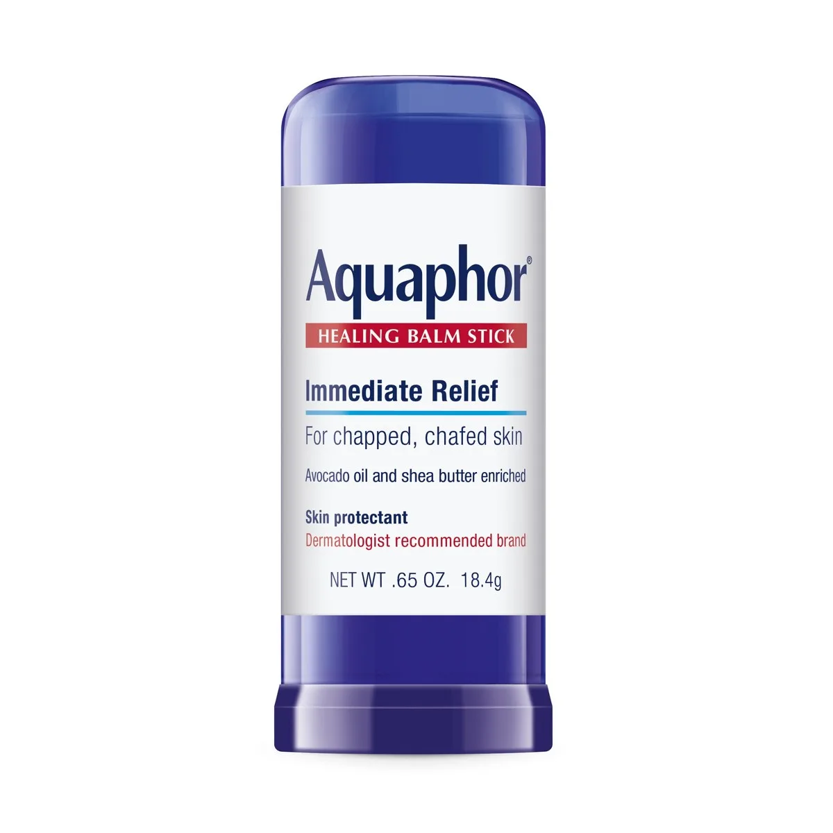 Aquaphor Healing Balm Stick in blue and white twist-up packaging