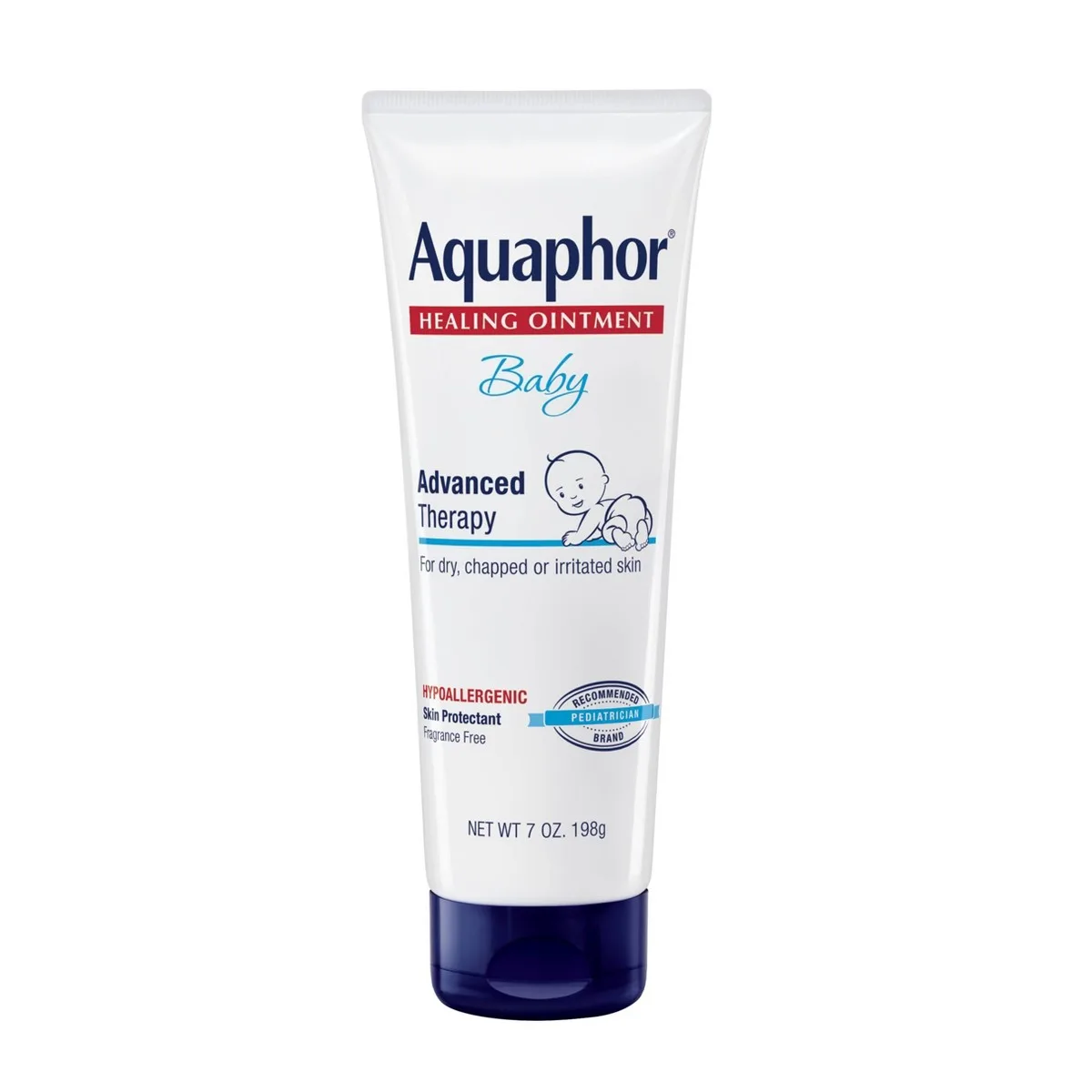 Aquaphor Baby Healing Ointment tube with blue and yellow baby-themed packaging