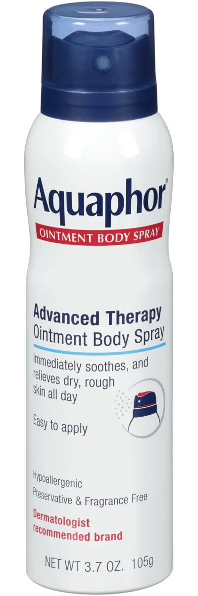 Aquaphor Healing Ointment Body Spray aerosol can with blue and white branding