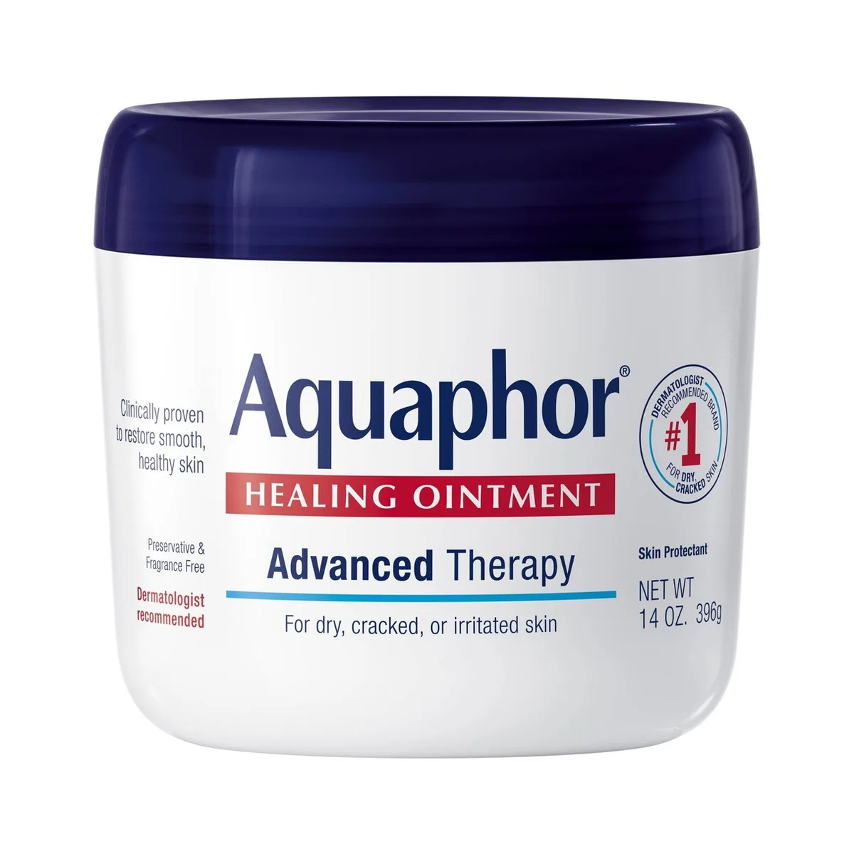 Aquaphor Healing Ointment Advanced Therapy jar with blue and white label