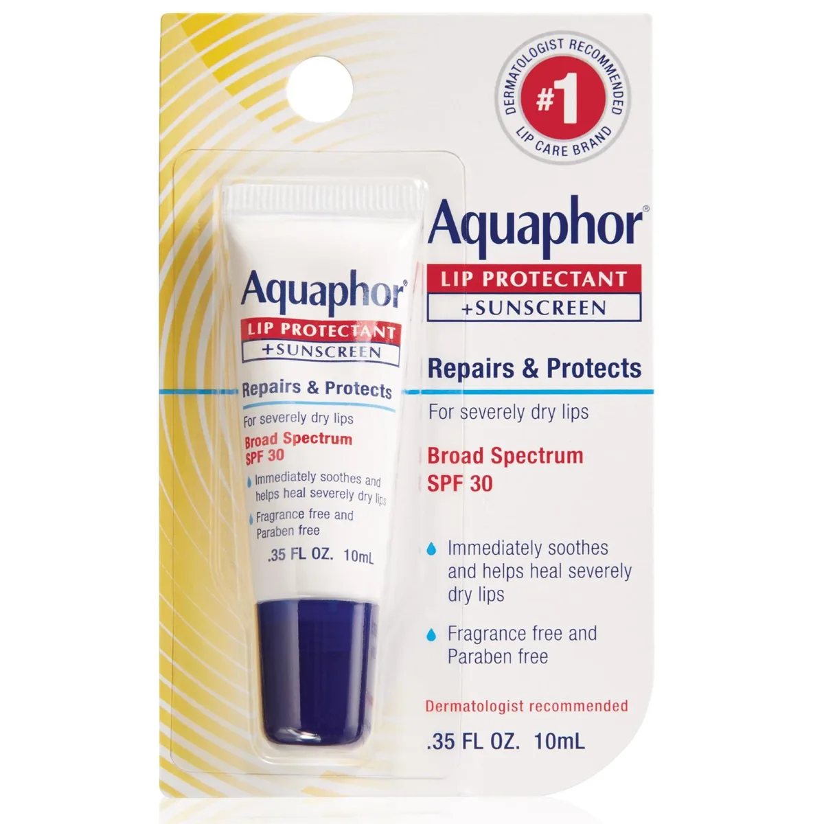 Aquaphor Lip Repair + Protect SPF 30 squeeze tube with blue and white packaging and orange SPF accent