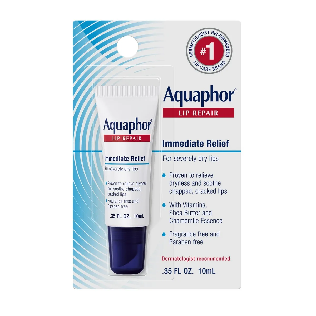 Aquaphor Lip Repair tube in white packaging with blue Aquaphor branding
