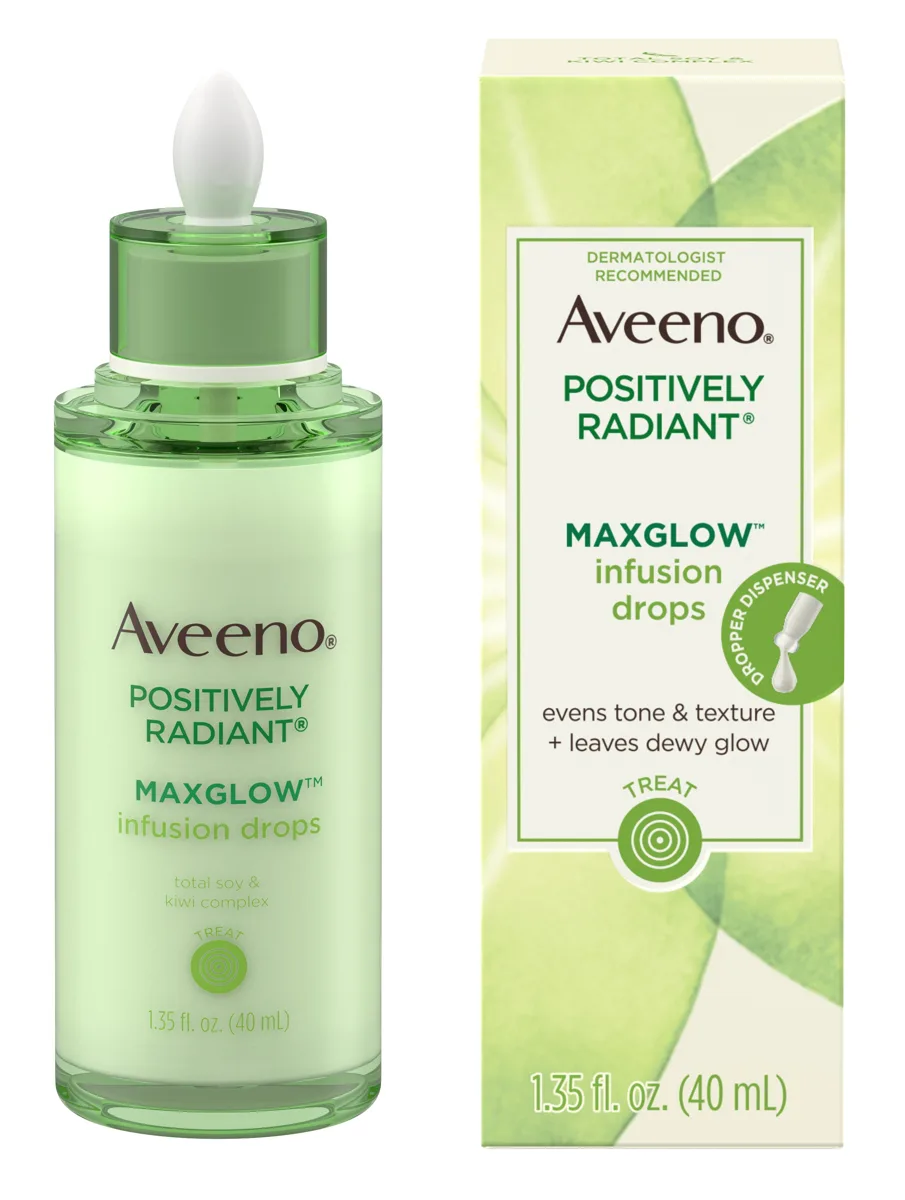 Aveeno Active Naturals Positively Radiant MaxGlow Infusion Drops serum in a glass dropper bottle