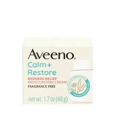 Aveeno Calm + Restore Redness Relief Moisturizing Cream jar with dark green lid