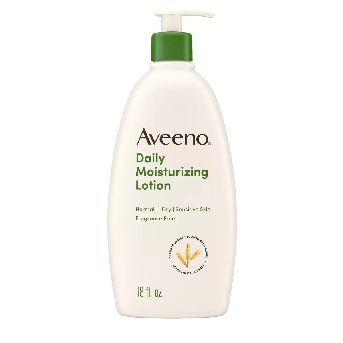 Aveeno Daily Moisturizing Lotion bottle, fragrance-free formula with colloidal oatmeal for dry skin