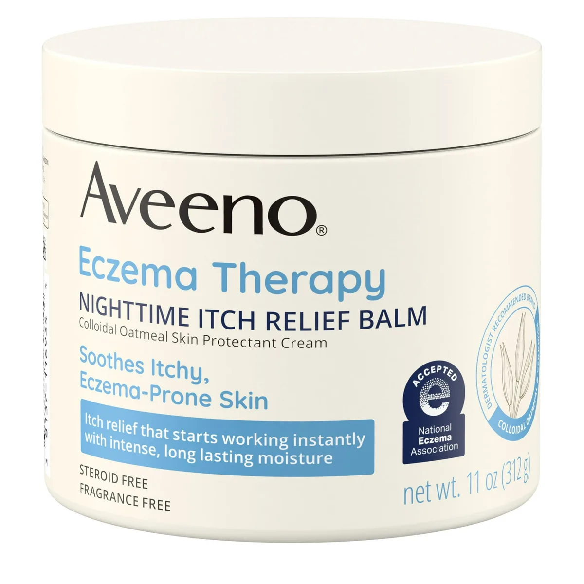 Aveeno Eczema Therapy Rescue Balm 11 oz jar with blue and white packaging