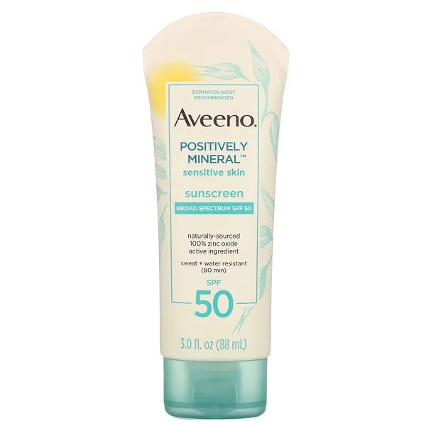 Aveeno Positively Mineral Sensitive Skin Sunscreen SPF 50 tube with zinc oxide formula