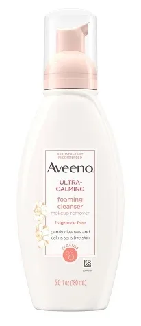 Aveeno Ultra-Calming Foaming Cleanser pump bottle with teal accents