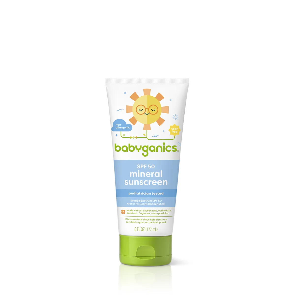 Babyganics Mineral-Based Baby Sunscreen SPF 50+ in a green and white squeeze tube