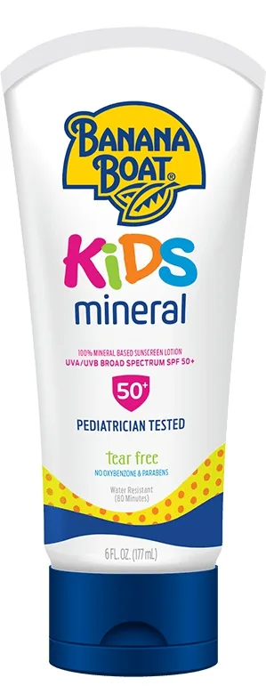 Banana Boat Kids 100% Mineral Sunscreen Lotion SPF 50+ yellow squeeze tube