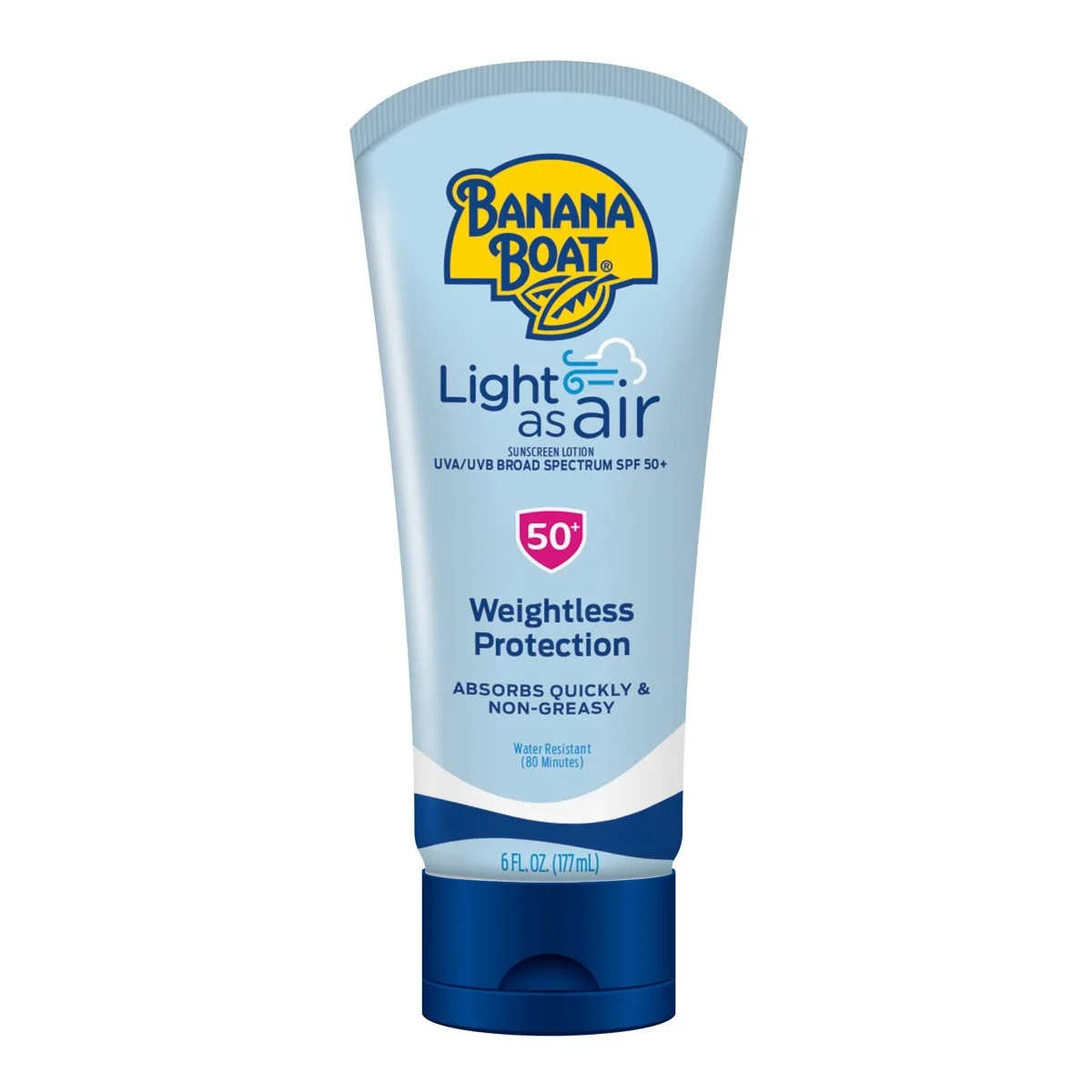 Banana Boat Light As Air Sunscreen Lotion SPF 50 squeeze bottle with blue and white packaging