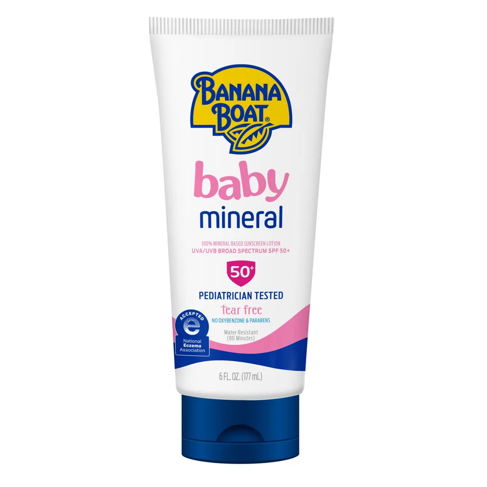 Banana Boat Simply Protect Baby Sunscreen Lotion SPF 50+ squeeze tube with yellow and white baby-safe packaging