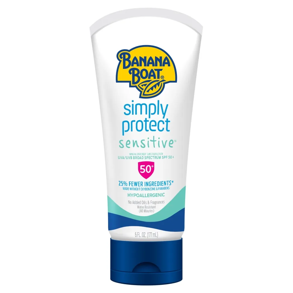 Banana Boat Simply Protect Sensitive 100% Mineral Sunscreen Lotion SPF 50+ in yellow and white squeeze tube packaging